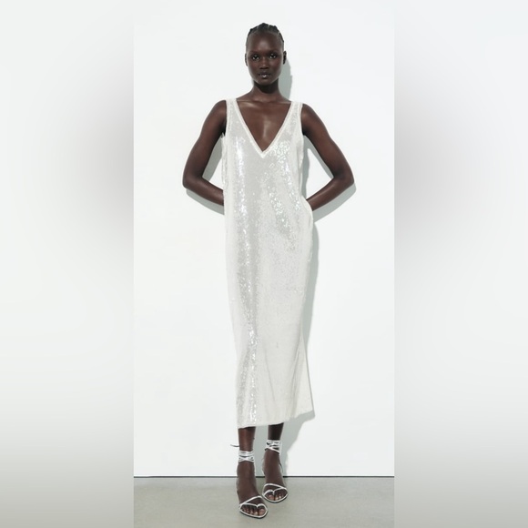 ZARA white sequins midi dress size extra small - Picture 1 of 16
